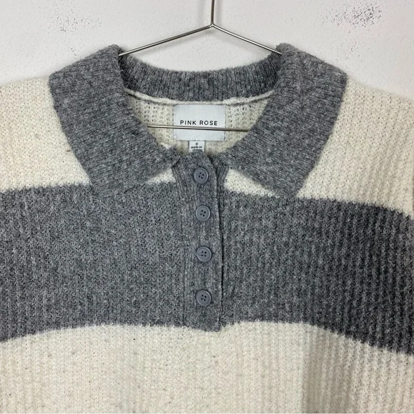 Pink Rose Gray & White Ribbed Collared Sweater - Picture 3 of 9
